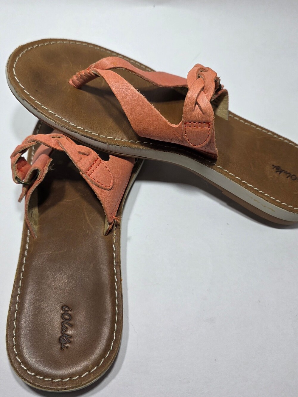 OluKai Women’s Leather Thong Sandals Coral Orange Size 6 EU 36 Excellent... - Picture 2 of 8